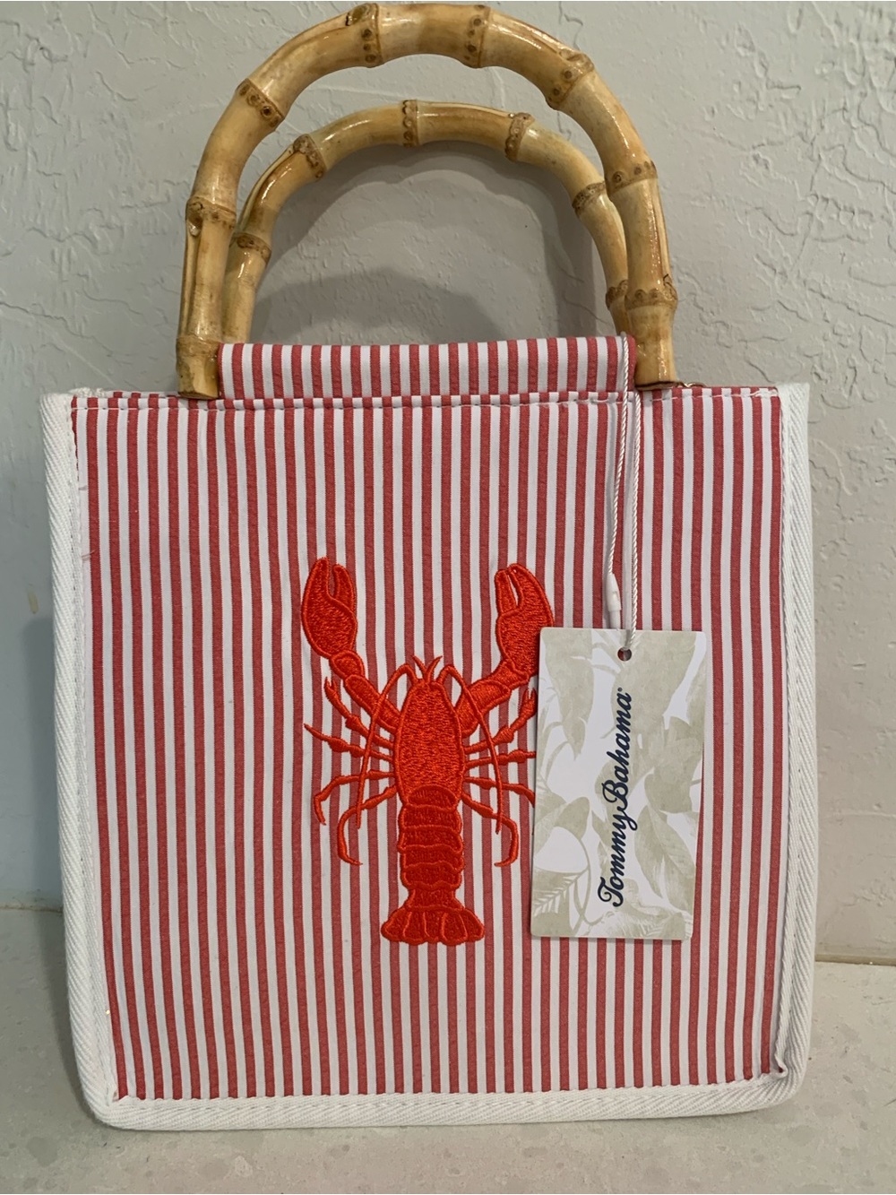 Tommy Bahama Red Striped Lobster Bamboo-Handle Tote Gold Chain Strap NWT